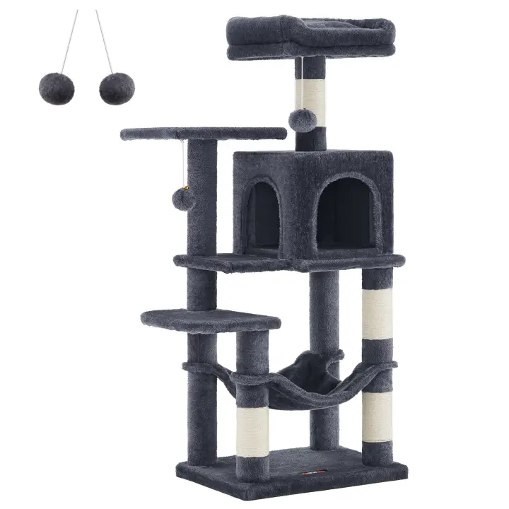 Feandrea Árbol para Gatos, Altura 112 cm/143cm, Torre de Gatos, con 4 Postes Rascadores, 2 Plataformas, 1 Cueva, 1 Hamaca, 2 Pompones, Tela de Felpa, Multinivel, Rosa Caramelo/Blanco Crema/Gris Claro/Gris Ahumado - 1