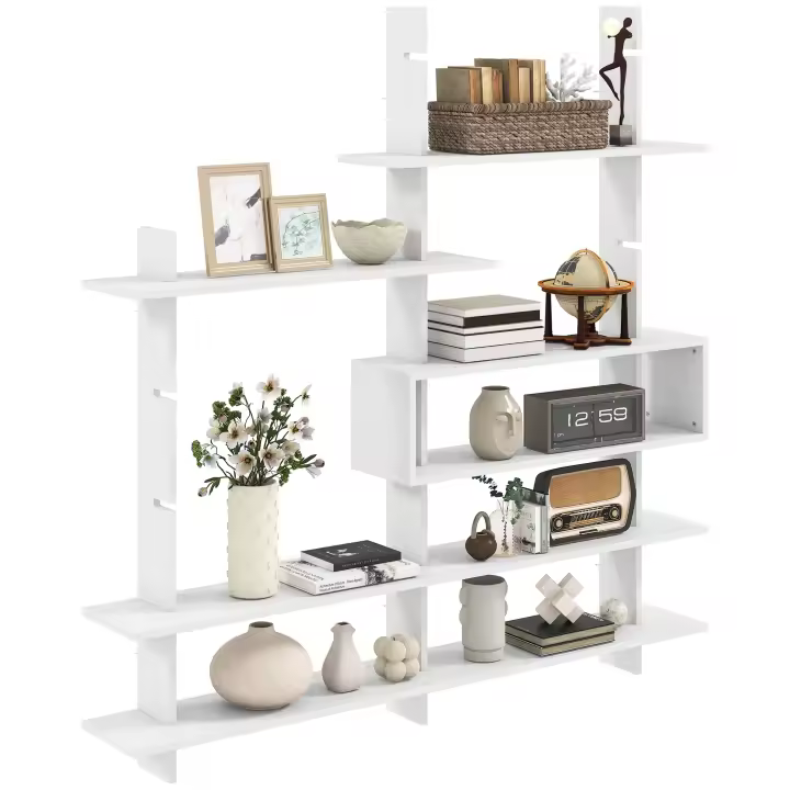HOMCOM Estantería de Pared, Librería Geométrica con 4 Estantes y Compartimento Central Rectangular, Estantes Decorativos para Salón o Dormitorio, Blanco - 1