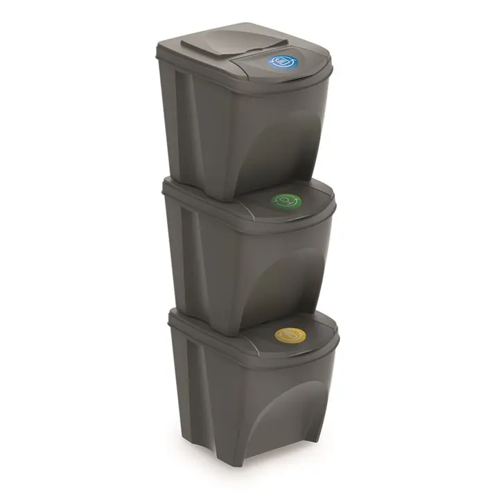 Prosperplast Juego de 3 Cubos de Reciclaje 75L Gris con Compartimentos de 25L para Papel, Vidrio y Plástico - 1