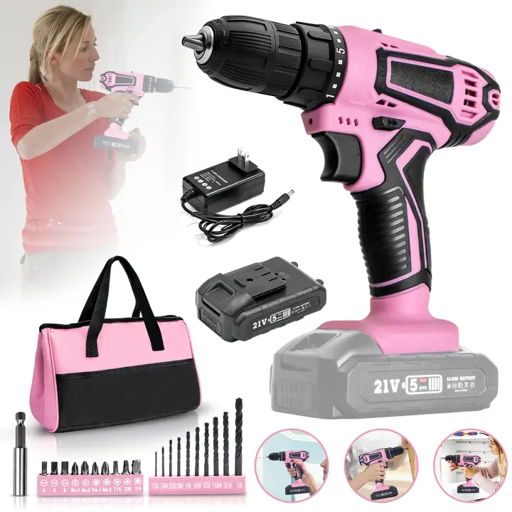 Destornillador inalámbrico de alta potencia, taladro eléctrico recargable, batería de litio, velocidad de 1400rpm, herramientas multifuncionales, taladro de impacto 25 + 1 par 21 V bolsa de diamante rosa juego integrado - 1