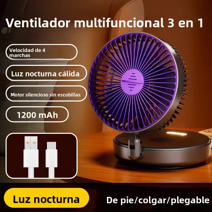 Ventilador Portátil Recargable De 5000mAh Pequeño Y Plegable Con Luz Nocturna 90° Montado En La Pared 4 Velocidades Para Oficina Y Hogar - 1
