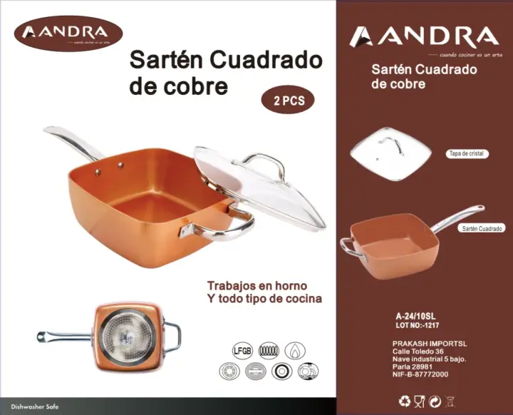 SARTÉN DE COBRE CUADRADA ANDRA 2 PIEZAS (SATÉN Y TAPA) GRANDE ANTI ADHERENTE INOXIDABLE - 1