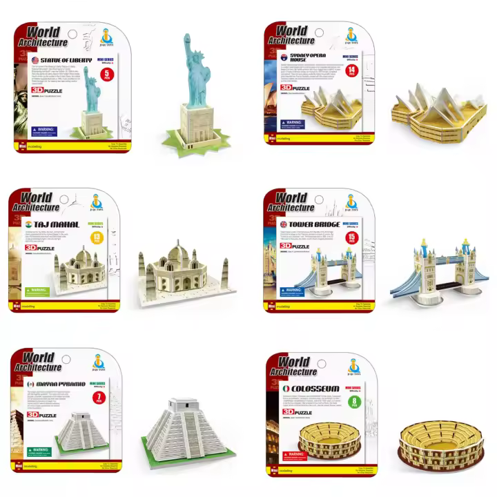 DAM. Pack de 6 mini puzles 3D de cartón con diferentes construcciones famosas. Con un total de 62 piezas. 12x1x14cm. - 1