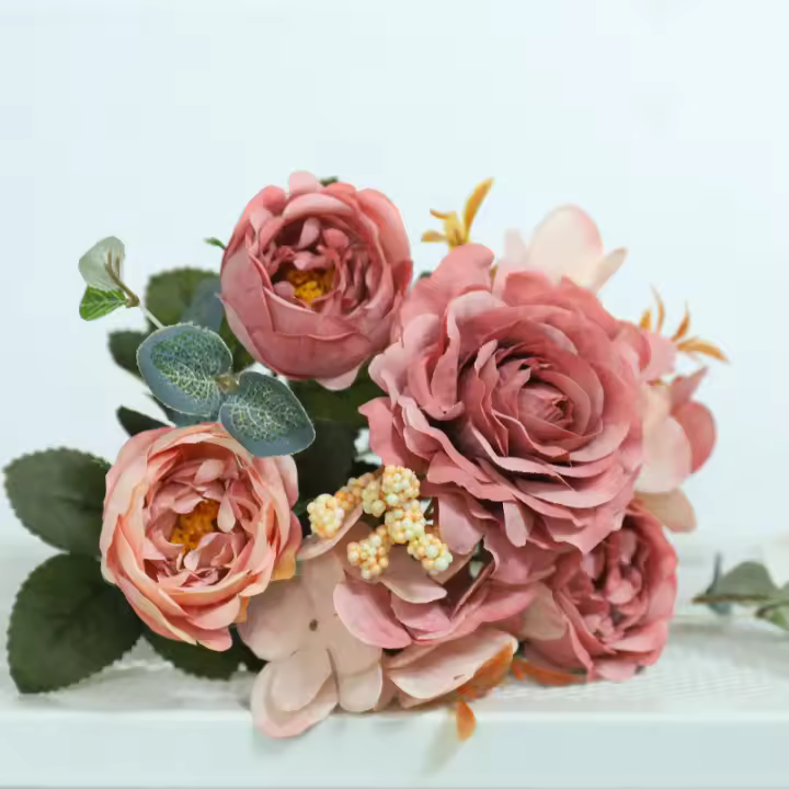 Bouquet De Flores Artificiales Rosa Silken Vintage Con Hydrangea Y Peony Decoración De Boda Para Novia Accesorios Para El Hogar - 1