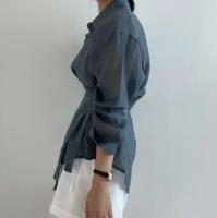 Camisa Casual Para Mujer Suelta Con Cinturón Y Cuello En V Vintage De Manga Larga Transpirable Para Oficina Y Uso Diario - details 16