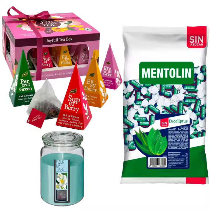 Pack bienestar: MENTOLIN EUCALIPTUS S/A BOLSA 1KG + WELL HOME - Vela con flor tiare + WELL HOME - Caja de Té Joyfull con variedad de sabores - 1