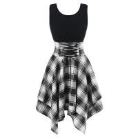 Vestido De Fiesta Para Mujeres 2024 Cuello Redondo Vacío Imprimido a Cuadros Mitad Manga Estilo Casual Largo Hasta La Rodilla - details 2