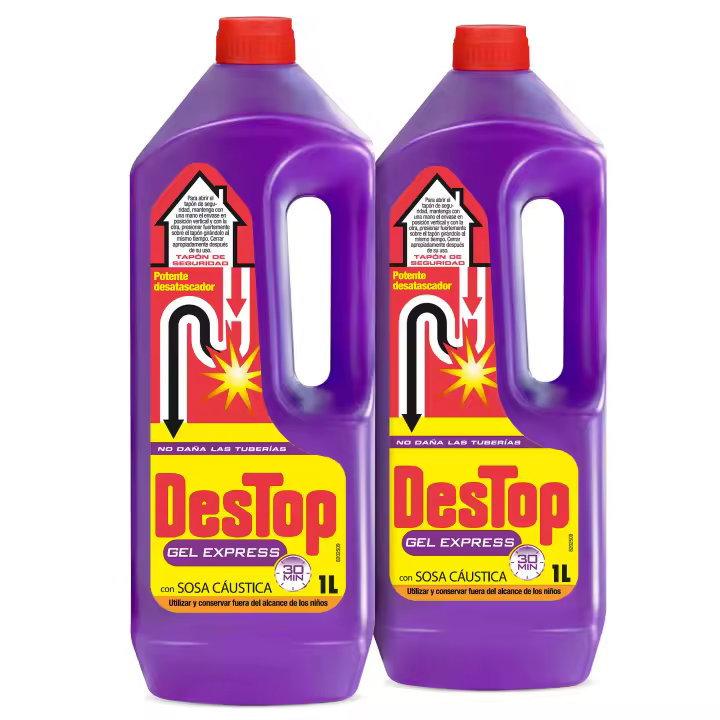 Destop - Desatascador Tuberías Express, Pack 2 Geles 1 Litro, Superconcentrado, Sosa Cáustica - 1