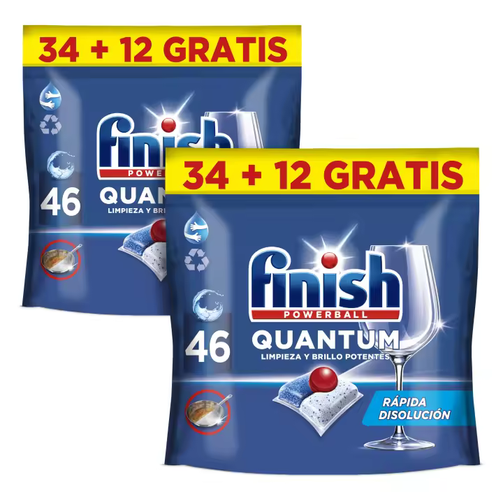 Finish Powerball Quantum, 92 | 138 | 184 Pastillas para Lavavajillas, Limpieza y Brillo Potentes, Aroma Regular Formato 2x46 | 3x46 | 4x46 - 1