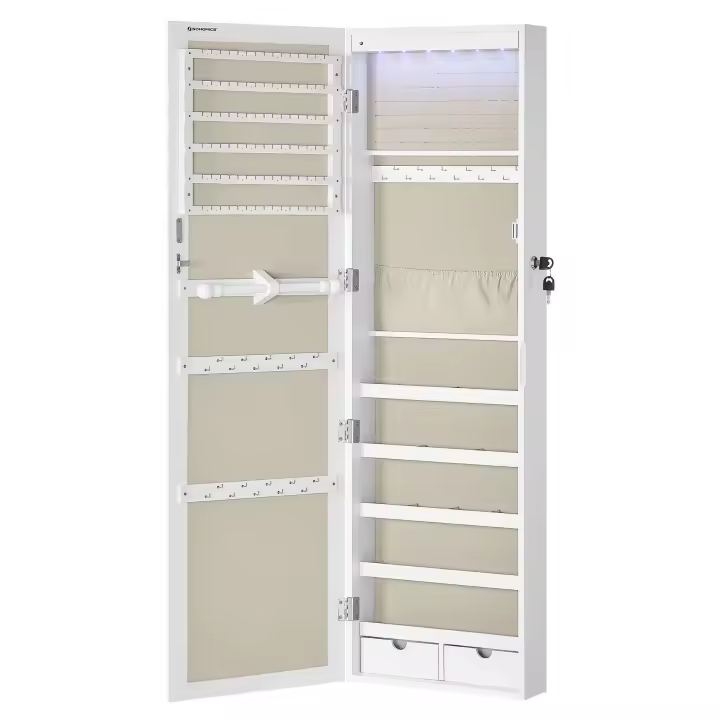 Espejo joyero de pared con luces led, armario organizador de joyas con cierre, espacio para pendientes y collares, disponible en blanco, negro, o roble - 1