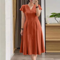 Vestido ZANZEA 2024 Elegante Vestido De Verano Para Mujer Con Manga Corta Plisado Estilo V-Neck Vestido Casual A-Line De Rodilla Solido OL - details 4