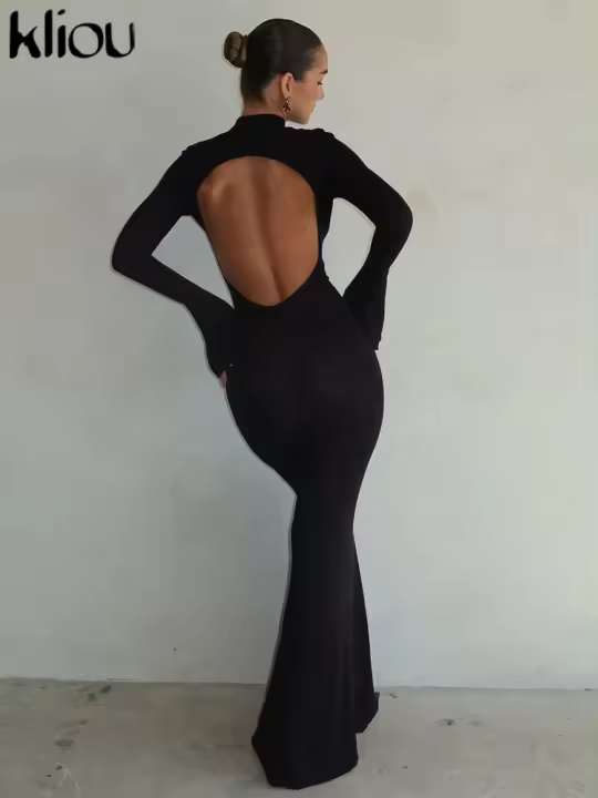 Vestido Largo Elegante Kliou Para Mujer Con Corte En La Espalda Y Cuello En O Estilo Clásico De Calle Mayor Con Mangas Largas Y Corte Bodycon - 1