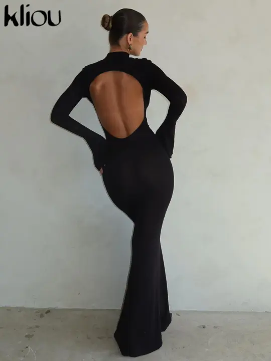 Vestido Largo Elegante Kliou Para Mujer Con Corte En La Espalda Y Cuello En O Estilo Clásico De Calle Mayor Con Mangas Largas Y Corte Bodycon - 1