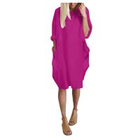Vestido Rosa Suave Para Mujer De Talla Grande Con Mangas Largas Y Cuello En V Estilo Casual Largo Hasta La Rodilla - details 2