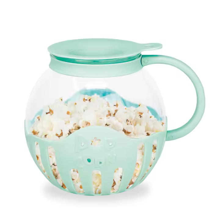 Palomitero Jocca para microondas en color turquesa. Palomitas listas en 2-3 minutos con opción de fundir mantequilla directamente. Recipiente de cristal borosilicato con tapa medidora incluida y apto para lavavajillas. Diseño práctico y moderno - 1