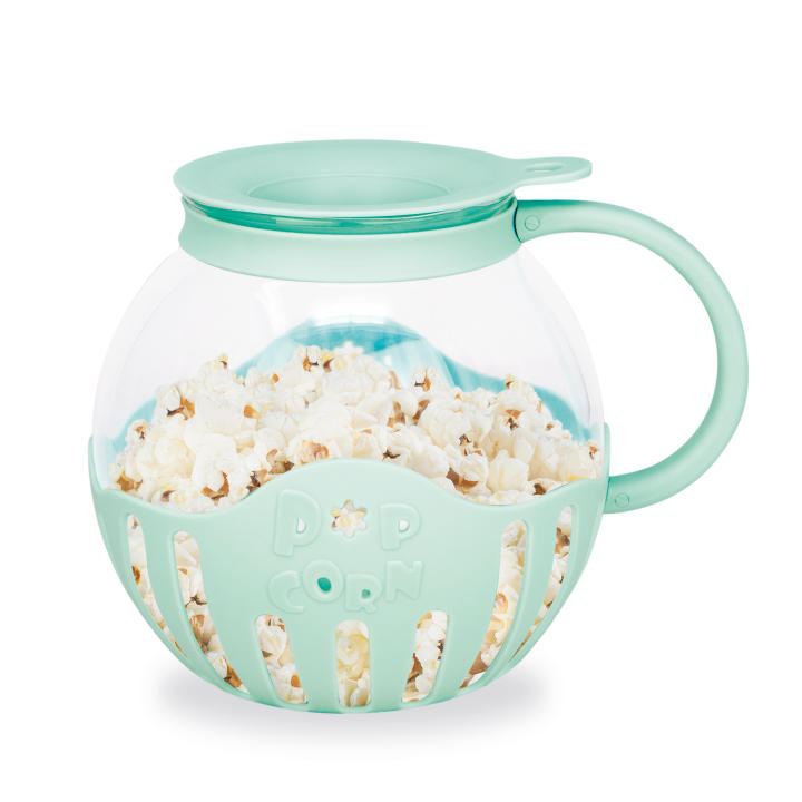 Palomitero Jocca para microondas en color turquesa. Palomitas listas en 2-3 minutos con opción de fundir mantequilla directamente. Recipiente de cristal borosilicato con tapa medidora incluida y apto para lavavajillas. Diseño práctico y moderno