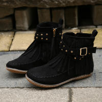 Botines De Otoño Para Mujer Zapatos Planos Botas De Tobillo Retro En Cuero Suelto Con Borlas Punta Redonda Suave Casual - details 5
