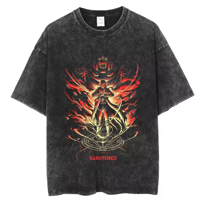 Camiseta Hip Hop Vintage Lavada Streetwear Manga Corta Algodón Impresión Anime FULLMETAL ALCHEMIST Casual Verano Para Hombres - 1