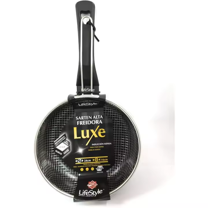 Sartén Freidora con Cestillo - Inducción Rápida - Sartén para Freír Honda - Sartén Profunda - Negra- Woks - 26 cm, M2 Tec - 1