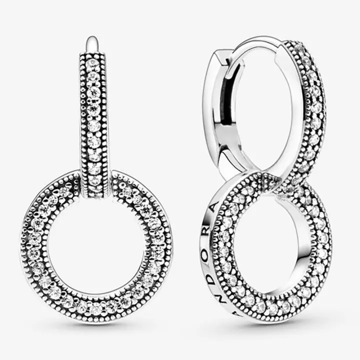 Pandora Pendientes de Aro en Plata de Ley Doble Abrazo Brillante，Incluye Caja Original - 1