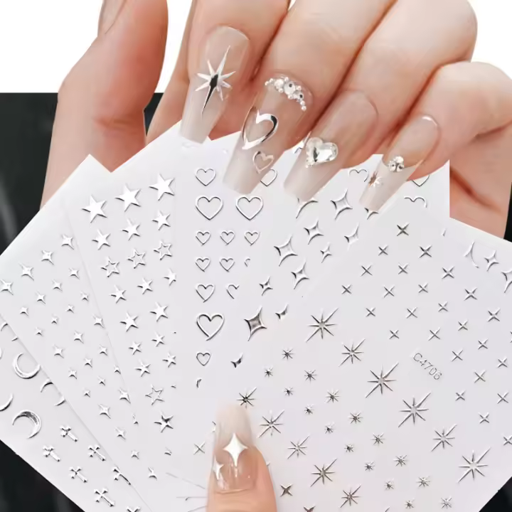 6 Hojas De Estampados De Uñas Metálicos Plateados Con Estrellas 3D Y Cadena De Metal Decoraciones Adhesivas Para Uñas - 1