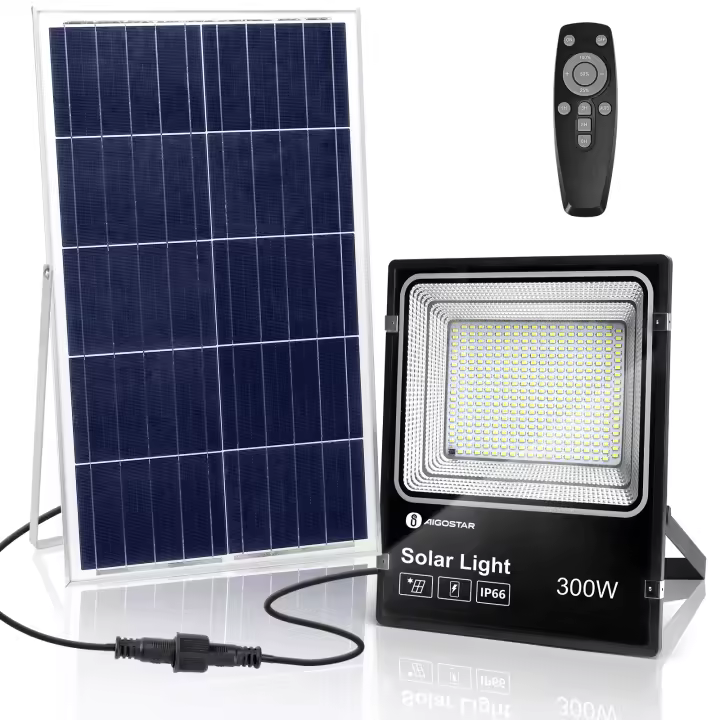 Aigostar Foco Proyector LED Solar 100W 6500K Luz Blanca IP66 Resistente Al Agua para Iluminación Exterior de Jardín, Patios, Caminos y Garajes con Control Remoto - 1