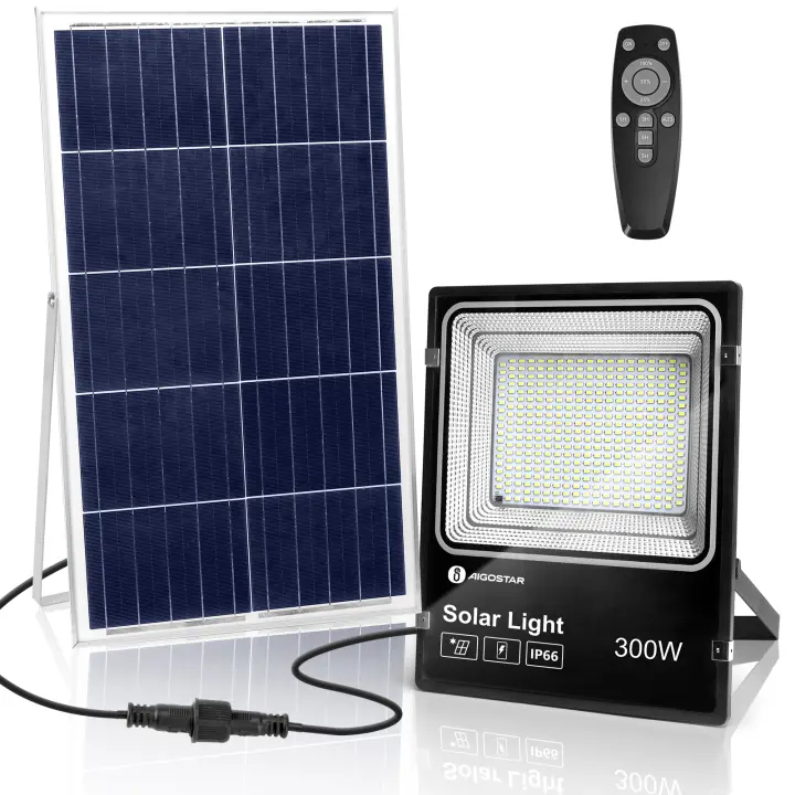 Aigostar Foco Proyector LED Solar 100W 6500K Luz Blanca IP66 Resistente Al Agua para Iluminación Exterior de Jardín, Patios, Caminos y Garajes con Control Remoto - 1