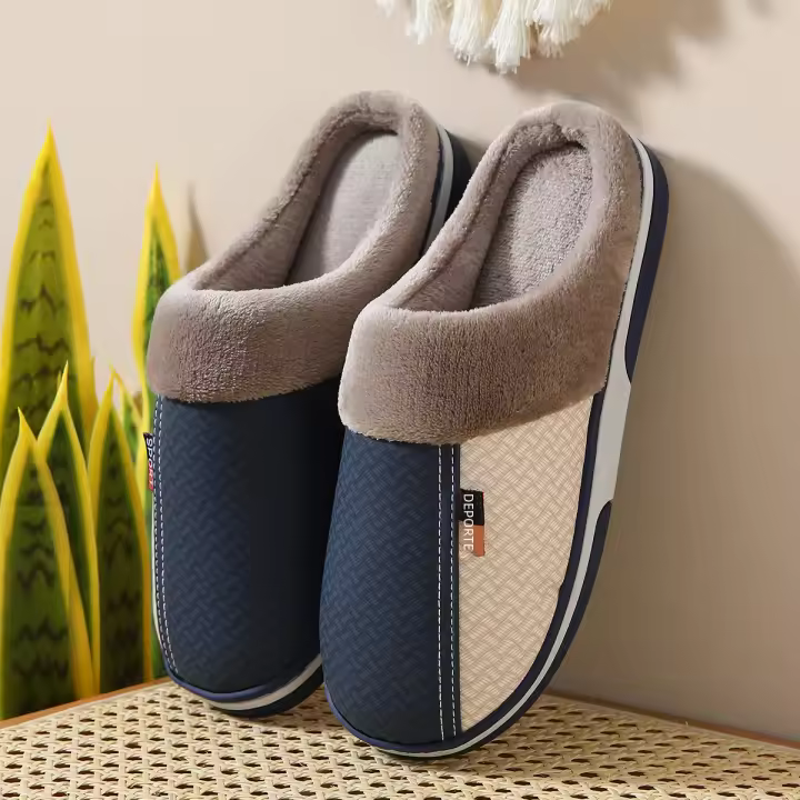 Nuevos Pantuflas De Piel De PU Para Hombre Invierno Cálidas Impermeables Antideslizantes Suaves De Plush Para Uso Doméstico Y Externo - 1