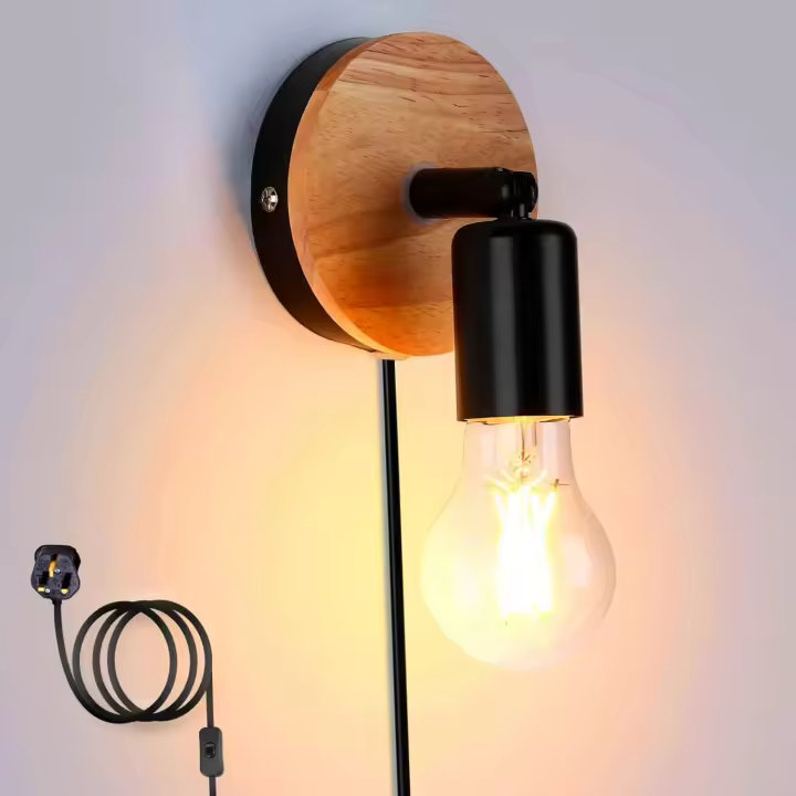Apliques de pared industriales con interruptor, apliques de pared enchufables, aplique de pared de madera para interiores, lámpara de pared rústica giratoria de 360°, E27, negro (sin bombilla). - 1