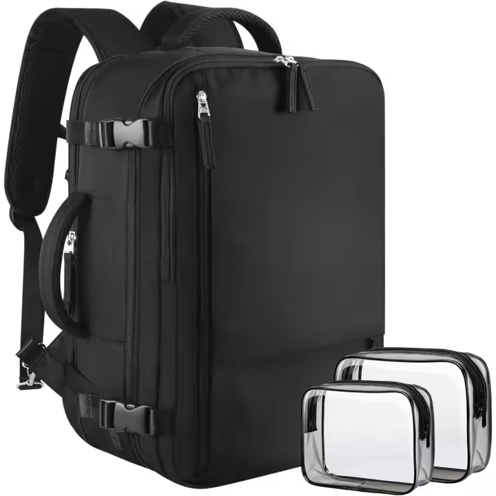 Mochila de viaje para mujer, expandible, de 40 l, aprobada para llevar en avión, bolsa de viaje impermeable para computadora portátil de 17 pulgadas para la universidad, viajes, trabajo, color negro - 1