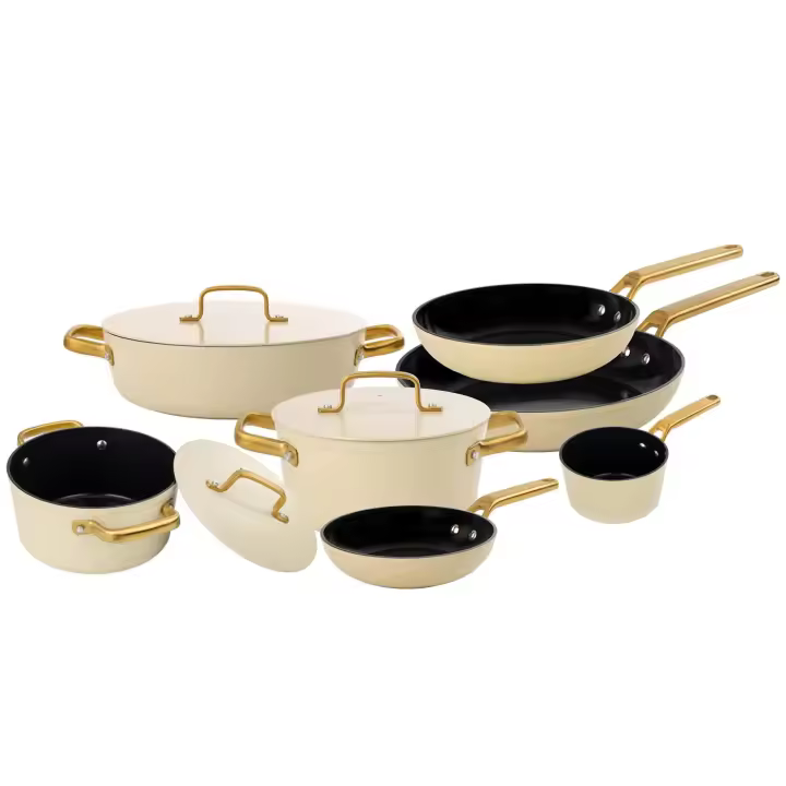 ARCOS Samoa Iconic Beige - Batería de Cocina (7 + 3 Piezas) - Antiadherente Cerámico - Aluminio Forjado - Asas Inox Dorado - 1