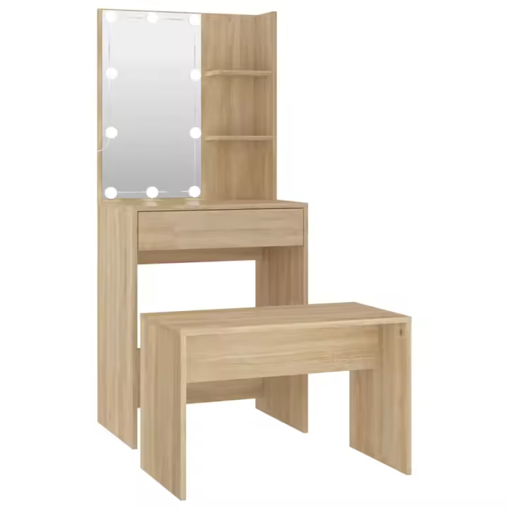 Juego de tocador con LED madera contrachapada roble Sonoma - 1