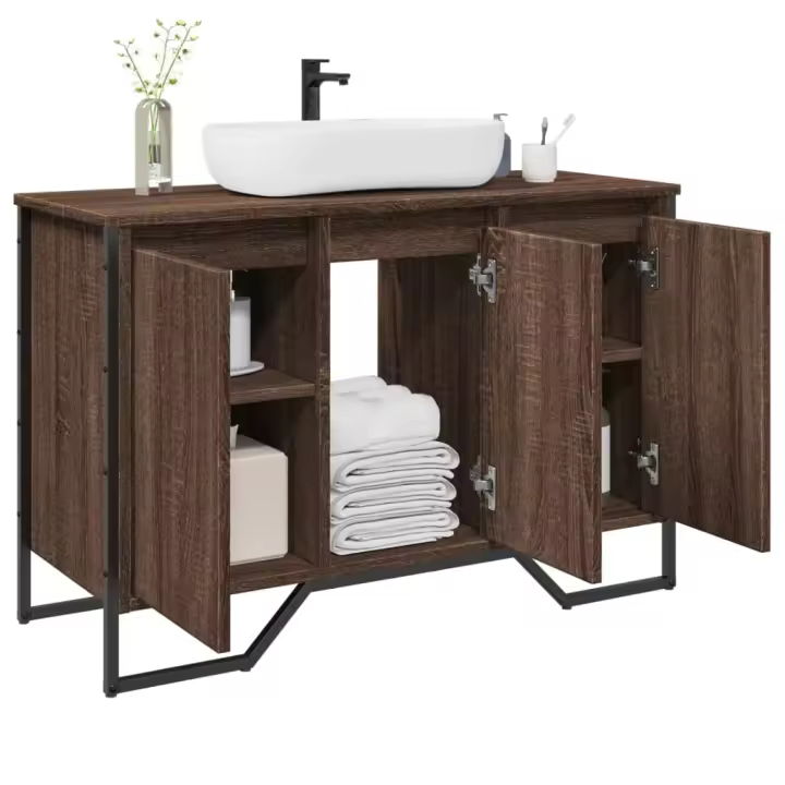 vidaXL Armario lavabo baño madera ingeniería 91x35x60 cm en color Roble ahumado/Marrón roble/Gris sonoma y más | almacenamiento funcional diseño moderno para baño dormitorio sala - 1