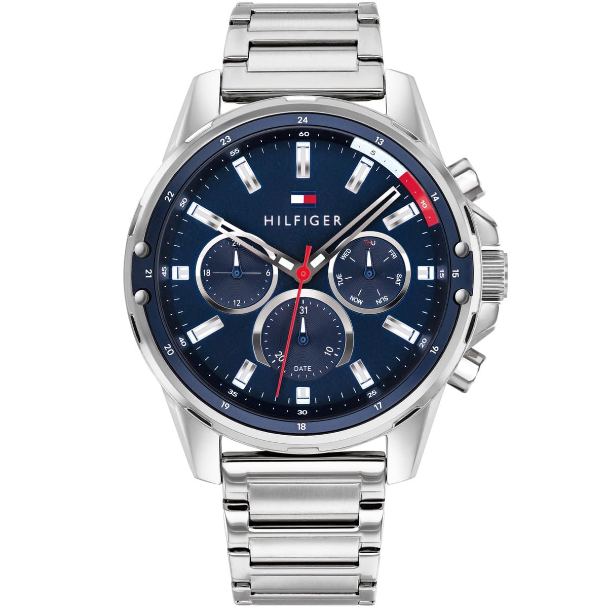 Tommy Hilfiger Reloj hombre 1791788, multifunción de cuarzo, esfera azul, brazalete de acero inoxidable, fecha y día, 3 ATM, estilo clásico, Incluye Caja Original, Diámetro: 45MM