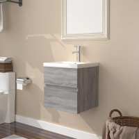 vidaXL Mueble con lavabo madera contrachapada en color Negro/Roble ahumado/Blanco y más | almacenamiento funcional diseño moderno para baño dormitorio sala - details 3