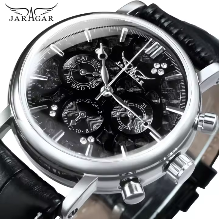 Reloj Mecánico Automático JARAGAR 348 Para Hombre Con Correa De Cuero Lujo Resistente Al Agua Casual Business Reloj Hombre - 1