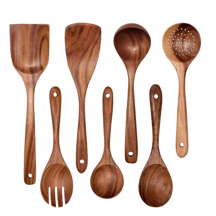 Juego de 6 espátulas de madera de acacia, juego de utensilios de cocina de madera, espátula de teca, cuchara para ensalada, cuchara para revolver, cuchara para fideos, pala para escurrir - 1