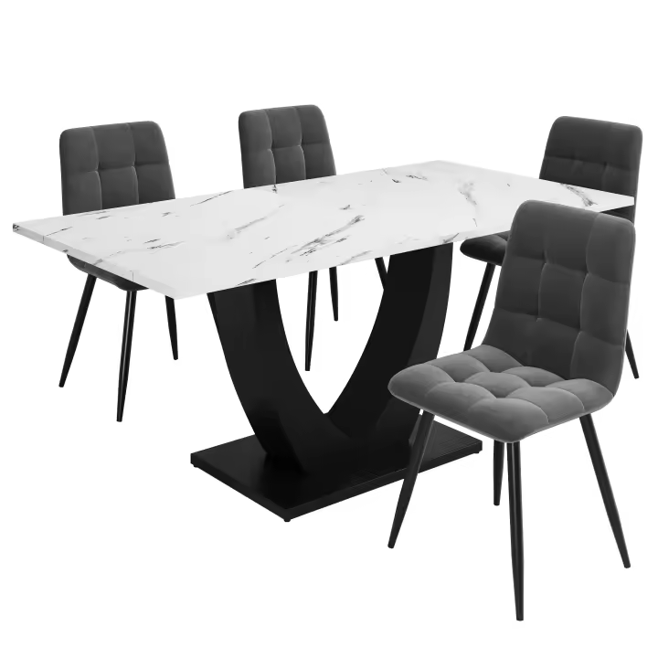 Juego de Mesa de Coque Moderno: Diseño U with Pitas Negras, Surface de Mármol Blanco Sillas de Tercpelo Gris Ergonómicas, ideal para Cocinas y Comedores Contemporáneos - 1