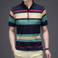 Camisa Polo De Hombre Para Verano 2024 Con Rayas Tejida Cómoda Y Fresca Estilo Casual Moda T-shirt Manga Corta Color Contraste - details 8
