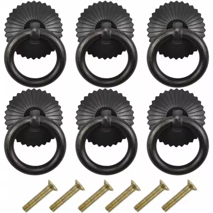 Paquete de 6 manijas para gabinetes de cocina, perillas de puerta, manija de cajón con anillo antiguo con tornillos, perillas de cajón de muebles de metal de cobre para cocina y baño - 1