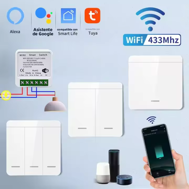 Interruptor Inteligente WiFi Tuya RF 433MHz Wireless Control De Luz Con Alexa Google Home APP Smart Life Voz 1/2/3Gang - 1