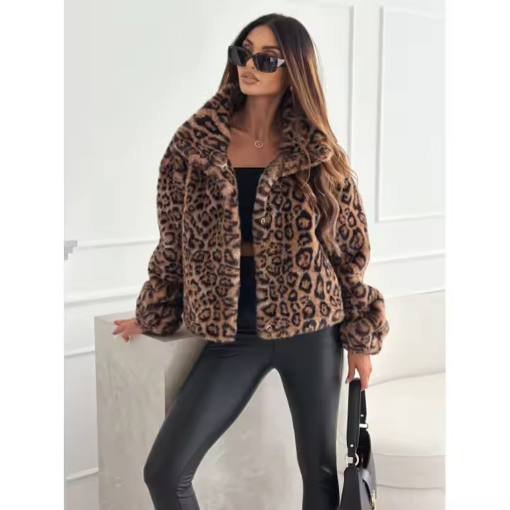 Abrigo Corto De Punto Leopardo Para Mujer Estilo Casual Manga Larga Moda De 2024 Abrigo Cálido Para Otoño E Invierno - 1