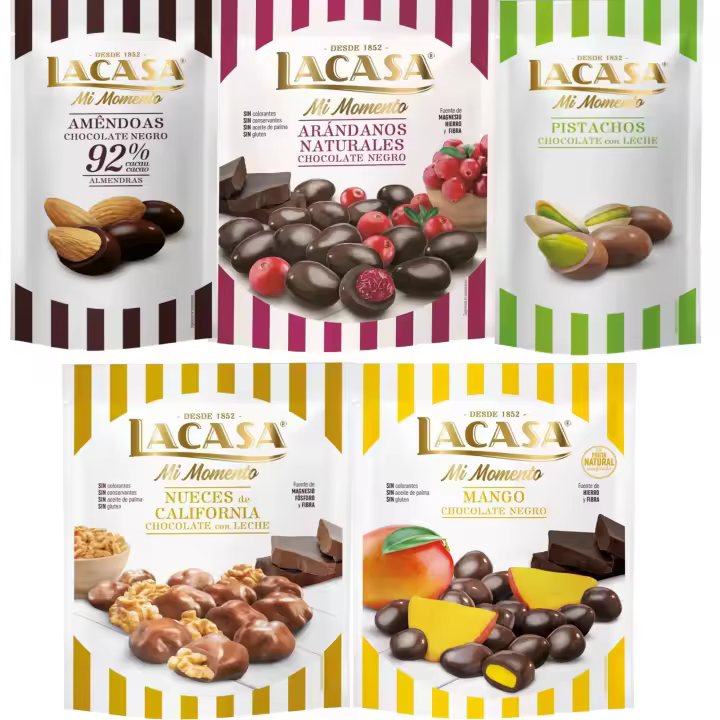 Lacasa Mi Momento pack de 5:Pistacho Chocolate Leche ,Almendra 92% ,Arándano Chocolate Negro ,Nueces Chocolate Leche,Mango Chocolate Negro - 1