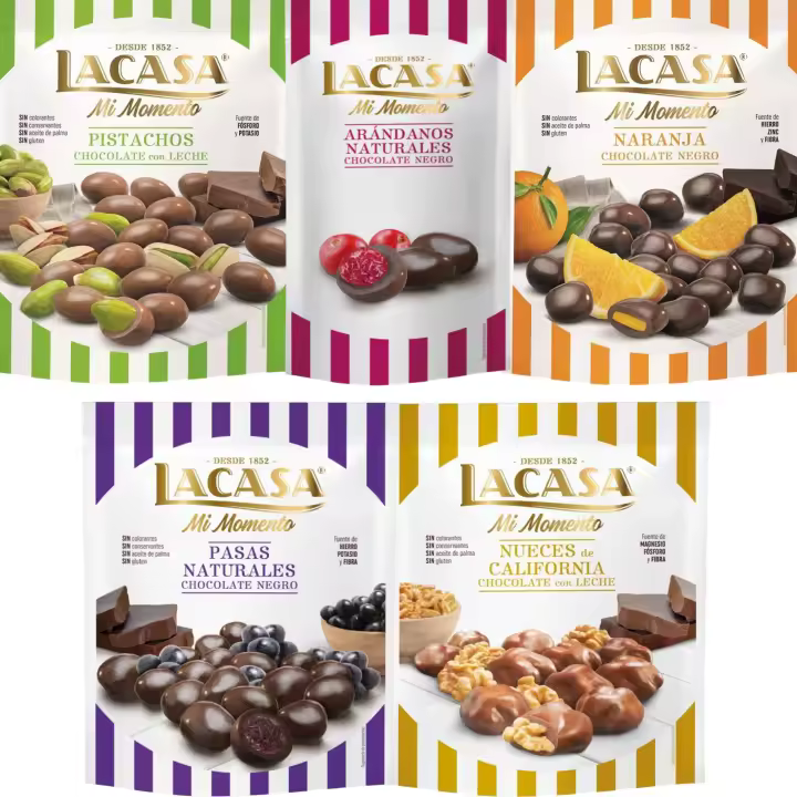 Lacasa Mi Momento pack de 5:Arándano choco Negro 60G,Nueces Leche 115G,Pasas choco Negro 150G,Naranja choco Negro 125G,Pistacho Leche 100G - 1