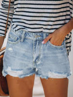 Shorts De Mezclilla Destrozados Para Mujer Cintura Media Estilo Casual Popular En Primavera Y Verano Moda Larga Y Suelta - details 3