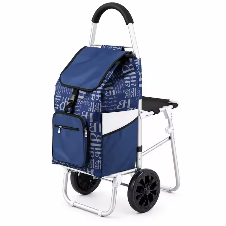 Carro de la Compra Plegable de 2 Ruedas con Capacidad de 40 L o 42 L, Bolsillo Térmico Frontal y Bolsa Amplia, Carrito Ligero para Supermercado, Mercado y Compras Diarias, con Asa Cómoda, Soporte Estable y Disponible en Negro, Azul Marino, Azul y Gris - 1