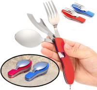 2Pcs 4 en 1 Vajilla de camping Juego de equipo de camping Maple inoxidable Tenedor Set Abrebotellas Camping Fundas/Viaje/Supervivencia-Plegable Desmontable-Rojo, Azul - details 0