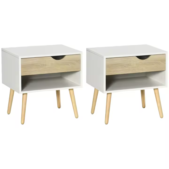 HOMCOM Set de 2 Mesitas de Noche Mesa Auxiliar con 1 Cajón y Estante de Almacenamiento para Dormitorio Salón Cama Oficina Estilo Moderno 50x39x51 cm Blanco y Roble - 1