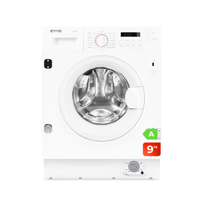 EVVO Lavadora 9 kg integrable Aura 9, 1350 rpm, Clase energética A, Motor Inverter, Tambor eProtect, 15 programas, Smart Load, Lavado Rápido, Inicio diferido