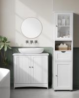 Armario Alto de Baño Estrecho con Puerta de Cristal - Estantes Regulables, Compartimento Abierto, Ahorro de Espacio, Blanco Nube - details 1